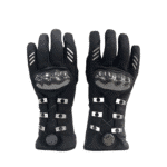 A pair of black heated gloves with silver accents and carbon fiber-style knuckle protection.