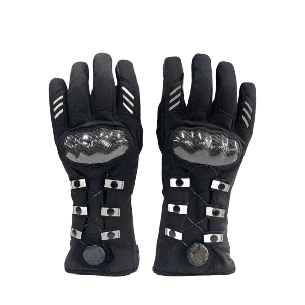 A pair of black heated gloves with silver accents and carbon fiber-style knuckle protection.