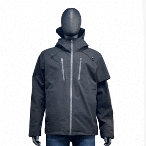 A black heated assault coat with a hood and multiple zippered pockets, displayed on a dark grey mannequin.
