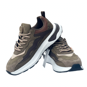 A pair of coffee-colored heated shoes with white soles, brown and beige accents, and visible laces, displayed on a white background. One shoe is slightly elevated behind the other.