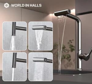 Modern stainless steel kitchen faucet with multiple water flow modes, including stream, spray, and waterfall functions.