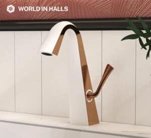 Modern luxury bathroom faucet with white and rose gold finish, featuring a curved spout and ergonomic handle.