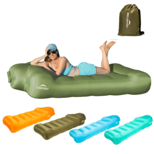 Inflatable sofa rolled up and packed in a carrying bag