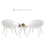 Outdoor bistro set featuring sleek plastic chairs and a matching table with fruit and a drink.