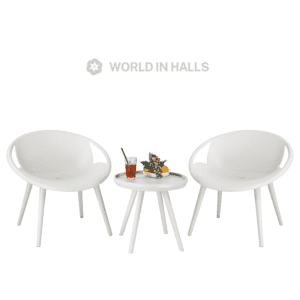 Outdoor bistro set featuring sleek plastic chairs and a matching table with fruit and a drink.