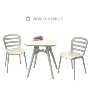 Slatted bistro table and two chairs in a stylish outdoor setting