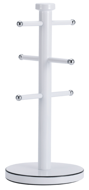 White metal mug tree holder for 6 cups on a kitchen countertop