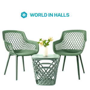 Modern green outdoor patio bistro set with two ergonomic chairs and a matching table