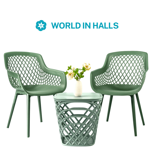 Modern green outdoor patio bistro set with two ergonomic chairs and a matching table