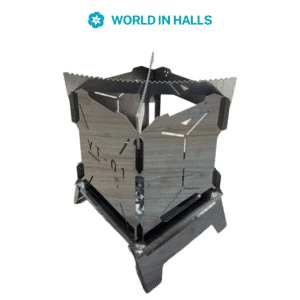 Compact stainless steel camping wood stove with foldable design for outdoor use