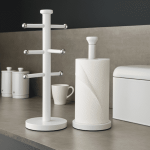 White mug tree and paper towel holder on a modern kitchen countertop, a perfect kitchen roll holder set