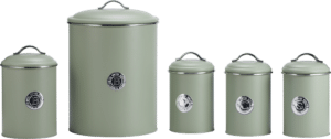 Sage green bread bin with badge and two matching sage green canisters for tea and coffee, featuring airtight seals for freshness preservation