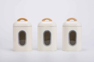 Set of white Tea Coffee Sugar Canisters with viewing windows and wooden handles