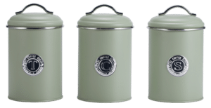 Set of sage green canisters for elegant kitchen organization