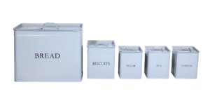 5-Piece Grey Bread Bin and Canister Set with Labeled Canisters for Tea, Coffee, and Sugar