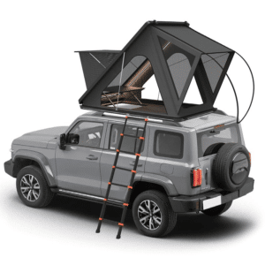 Close-up of car tent's UV-protective canopy and parking brake