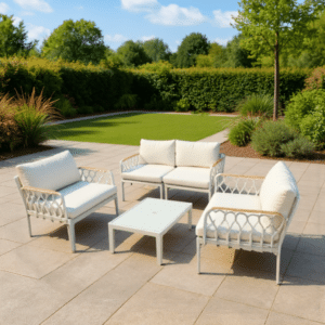 Garden Furniture Set arranged on a stone patio in a landscaped backyard