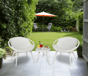 Modern White garden bistro set with two chairs and a round table, perfect for outdoor use.