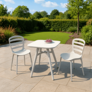 Elegant outdoor bistro set with stackable garden chairs on a patio