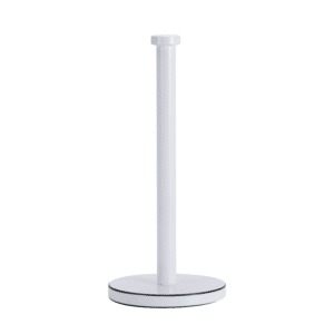 White galvanized steel kitchen roll holder with a weighted base on a countertop.