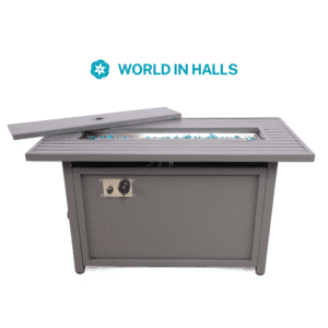 CSA Certified propane fire pit table with a steel frame and multi-functional lid design.