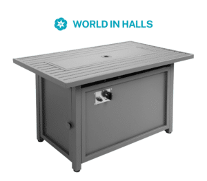 Outdoor propane fire pit table with steel frame and crystal clear glass rocks.