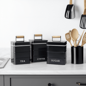 Modern black tea, coffee, and sugar canisters set with bamboo handles.
