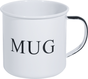 White tin mug with the word "MUG" printed in bold black letters on the front.