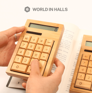 Stylish wooden calculator with a solar panel for sustainable use