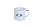 Close-up view of the galvanized steel tin mug showing the handle and printed design.
