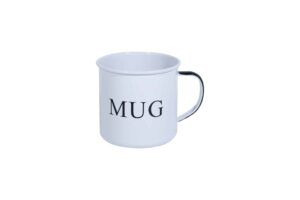 Close-up view of the galvanized steel tin mug showing the handle and printed design.