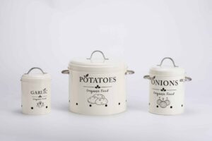 Set of three kitchen storage containers labeled for potatoes, onions, and garlic.