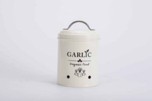 Garlic storage container with lid and ventilation holes.