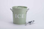 Light green ice bucket with the word "ICE" printed, and a metal scoop beside it.