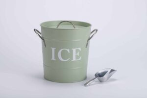 Light green ice bucket with the word "ICE" printed, and a metal scoop beside it.