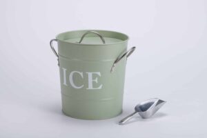 Green ice bucket with a metal scoop beside it.