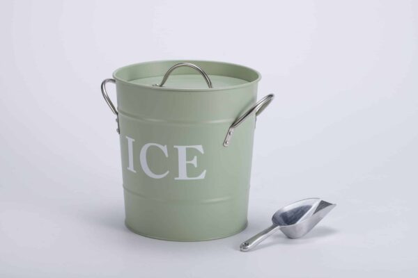 Green ice bucket with a metal scoop beside it.