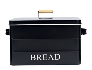 Black metal bread bin with a bamboo handle, ideal for storing bread and keeping it fresh.