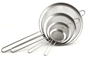 Set of three stainless steel kitchen sieves in various sizes