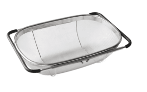 Stainless steel over-the-sink colander with extendable rubber handles