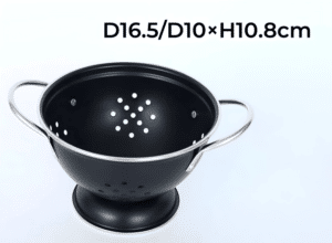 Black small colander with two handles, made from galvanized steel.