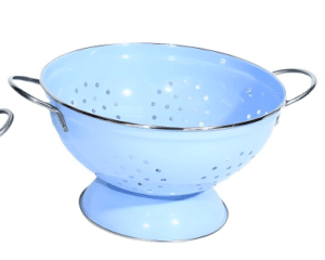 Blue metal colander bowl with handles, made from galvanized steel.