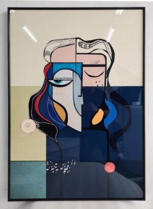 Large abstract wall art featuring a modern face design with bold geometric shapes and vivid colors.