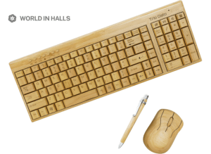 Wooden wireless keyboard and mouse set on a minimalist desk