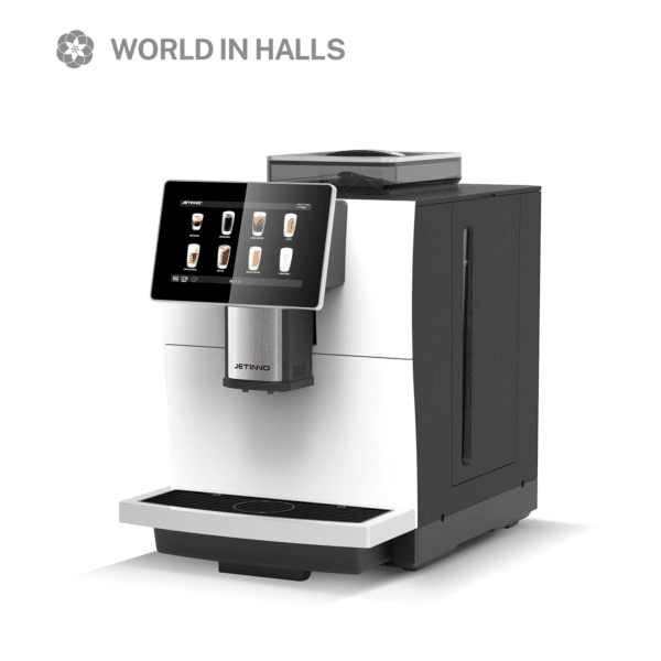 fully automated coffee machine with touchscreen menu, bean-to-cup system, and a variety of coffee presets.