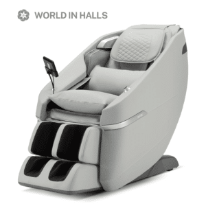ROTAI light grey massage chair with black leg rest, smart tablet controller, and modern ergonomic design.