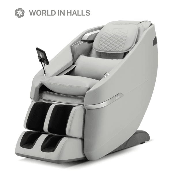 ROTAI light grey massage chair with black leg rest, smart tablet controller, and modern ergonomic design.