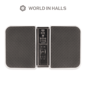 Top view of a dual-pedal vibration plate with control panel and remote control from WORLD IN HALLS.