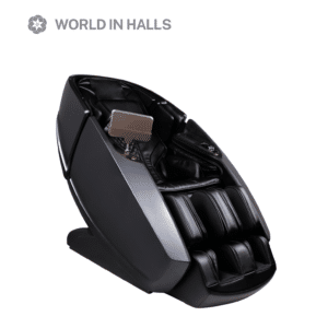 Black and grey luxury massage chair with tablet control and leg rest, from WORLD IN HALLS.