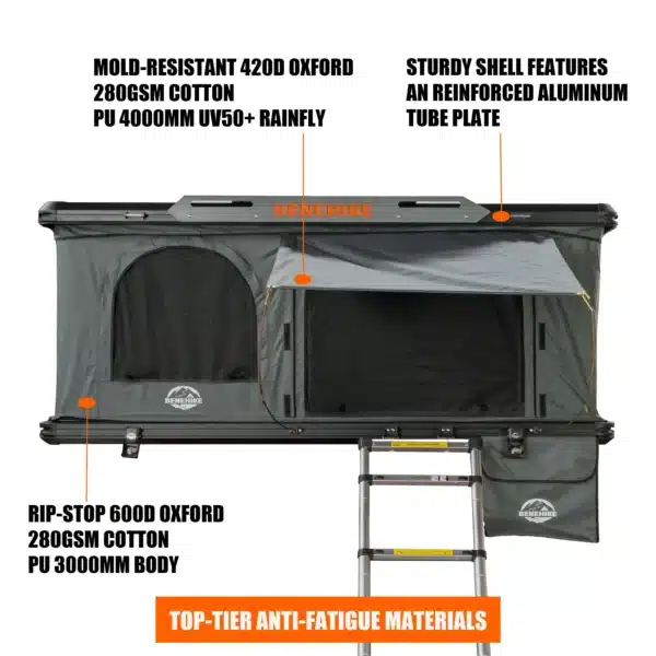 Roof top tent mounted on an off-road SUV with ladder access